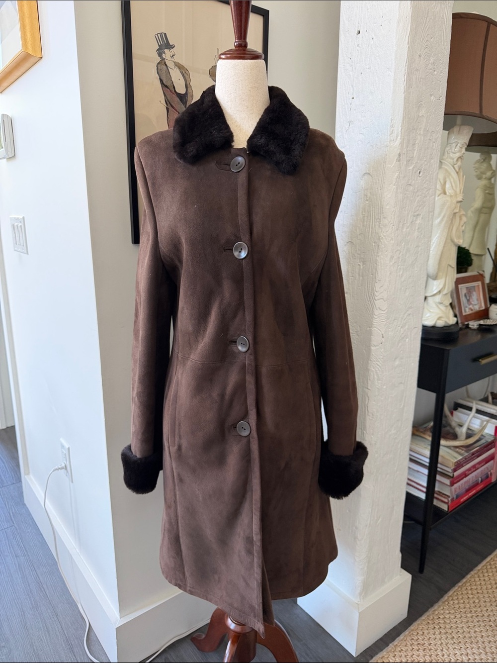 DUCK SPORT Genuine Shearling Sheepskin Suede Pocket Car Coat M